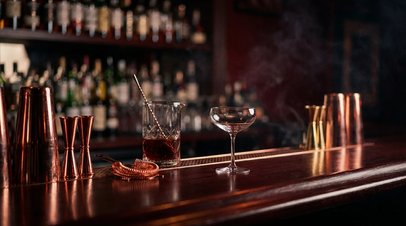 Craft cocktail bar with copper shakers, jiggers and a coupe